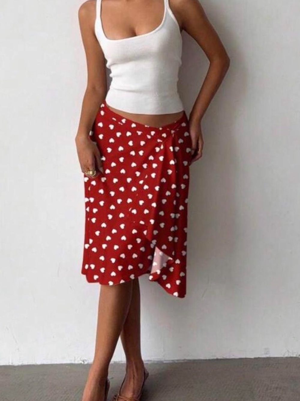 Red Heart-Print Midi Skirt - Women's